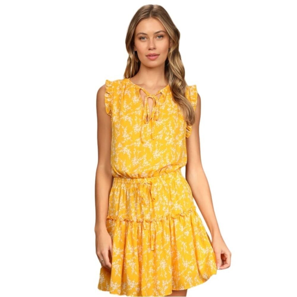 PINCH Sweet Something Yellow Floral Print Tiered Ruffled Mini Dress Size XS NWOT